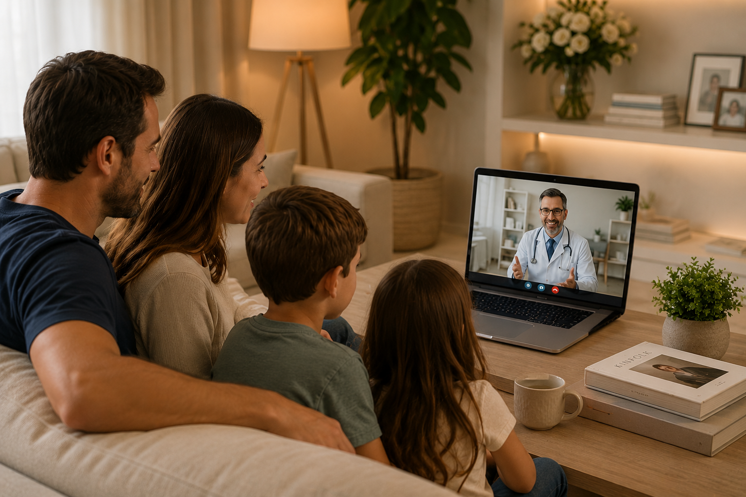 Família feliz usando telemedicina Dr. Virtual
